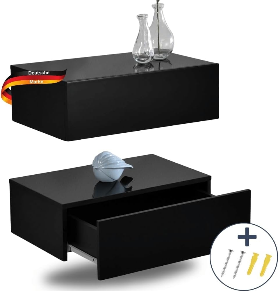 DELUKE® Nachttisch 2er Set hängend TOPO - Wandmontage Wandregal mit Schublade Wandschrank hängend Nachtschrank hängend Wandmontage Nachtkästchen Schwarz Hochglanz Bild 1