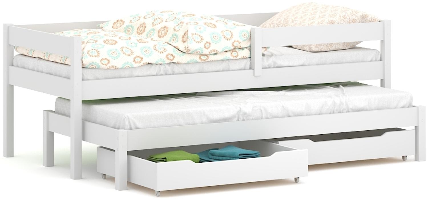 WNM Group Kinderbett Ausziehbar JULA mit Rausfallschutz und Lattenrost - Bett mit Schubladen - Ausziehbett für Jugendliche - Jugendbett - Funktionsbett - Weiß - 90x180 80x170 Bild 1