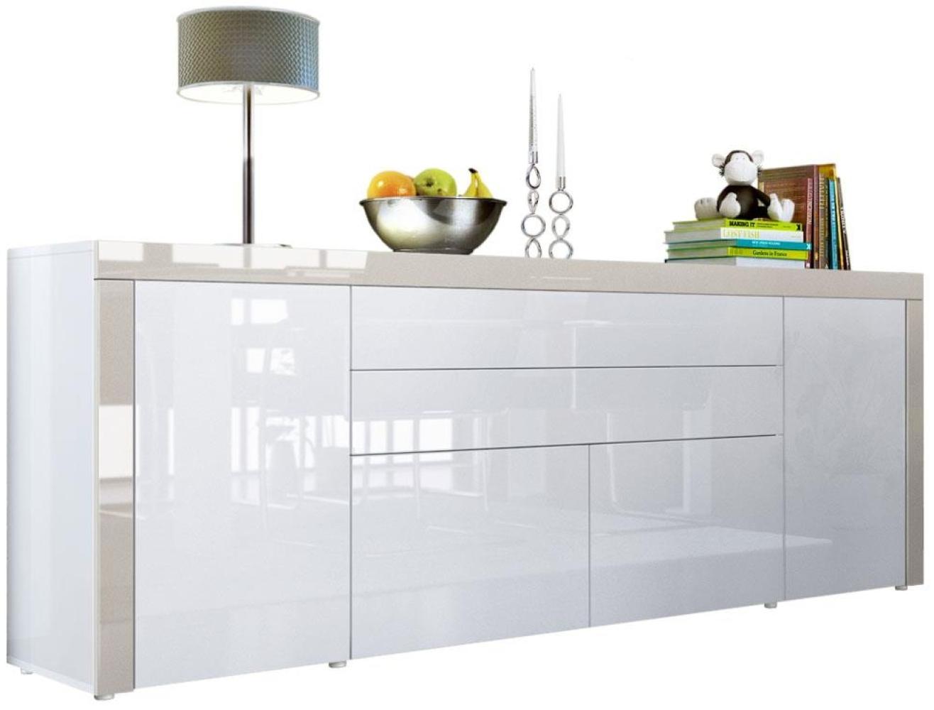 Vladon Sideboard La Paz V2, Kommode mit 2 Türen, 2 Schubkästen und 2 Klappen, Weiß Hochglanz/Weiß Hochglanz/Sandgrau Hochglanz (200 x 72 x 35 cm) Bild 1