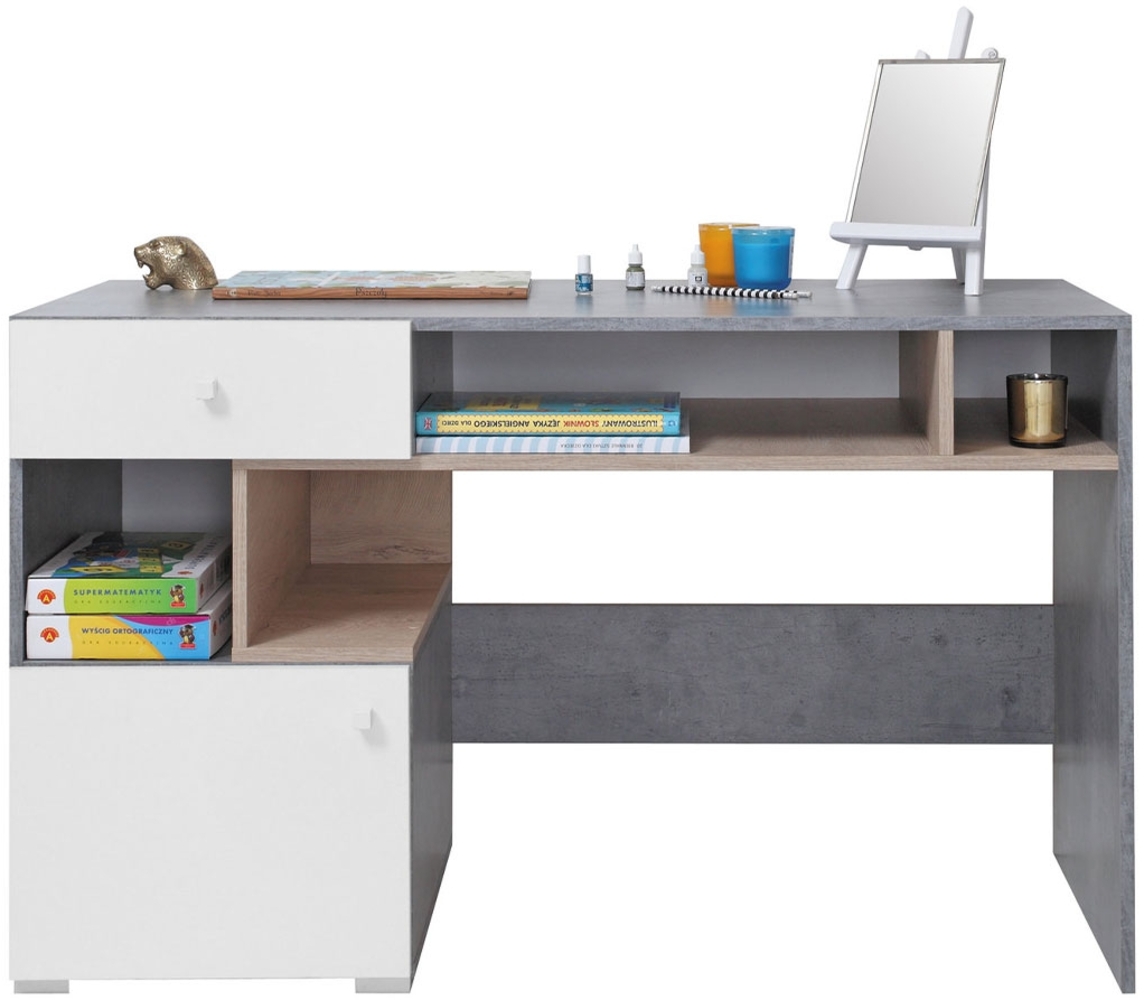 Schreibtisch Nonnus 10, Farbe: Beton / Weiß + Eiche, 125 x 76 x 55 cm Bild 1