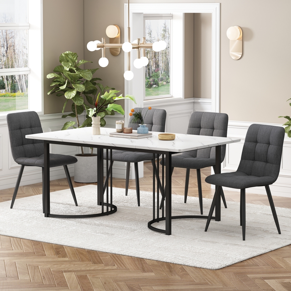 Merax Essgruppe (5-tlg), Esstisch mit 4 Stühlen Set, Moderner Küchentisch Set , 140×80cm Küchentisch mit Schwarz Metallbeinen, MDF Tischplatte in Weißer, Dunkelgrau Leinen Esszimmerstühle Bild 1