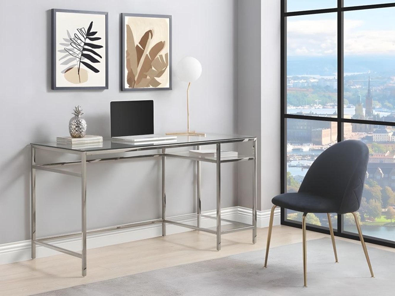Vente-unique - Schreibtisch mit 2 Ablagen - Glas & Stahl - Silberfarbe - TIZIO von Pascal Morabito Bild 1