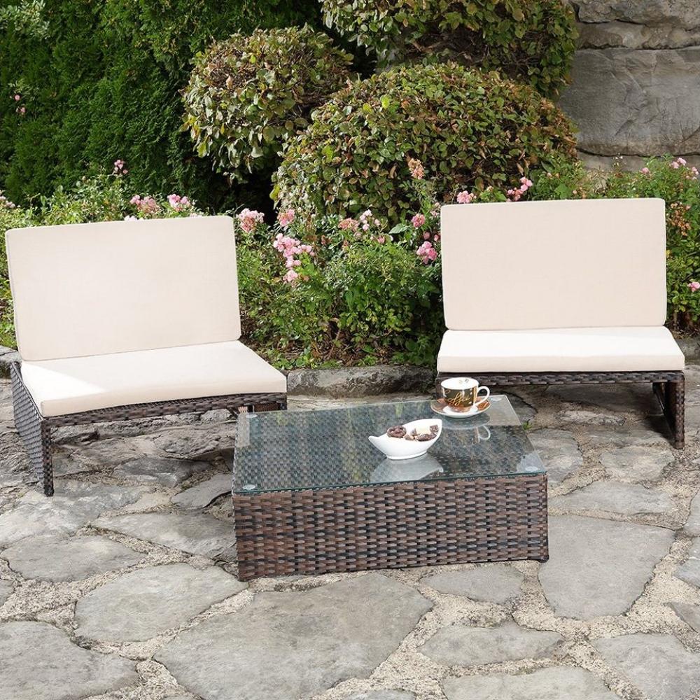 Lounge Gartengarnitur Sitzgruppe 2er Sessel Tisch Sonnenliege Polyrattan braun Bild 1