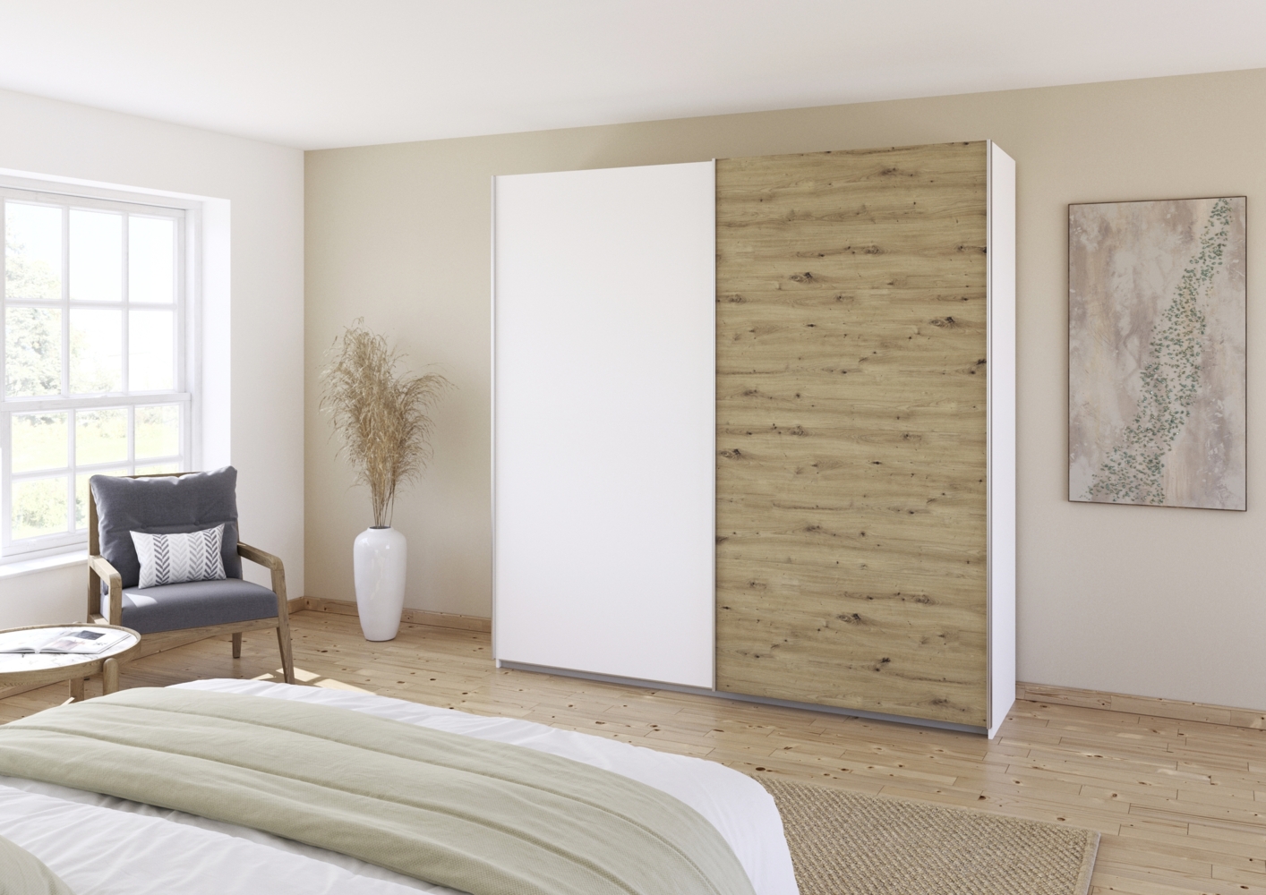 rauch Quadra, Kleiderschrank, Schiebetürenschrank, 2-türig, mit 2 Kleiderstangen und 4 Einlegeböden, Farbe Weiß/Eiche Artisan, BxHxT 226x229x61cm Bild 1