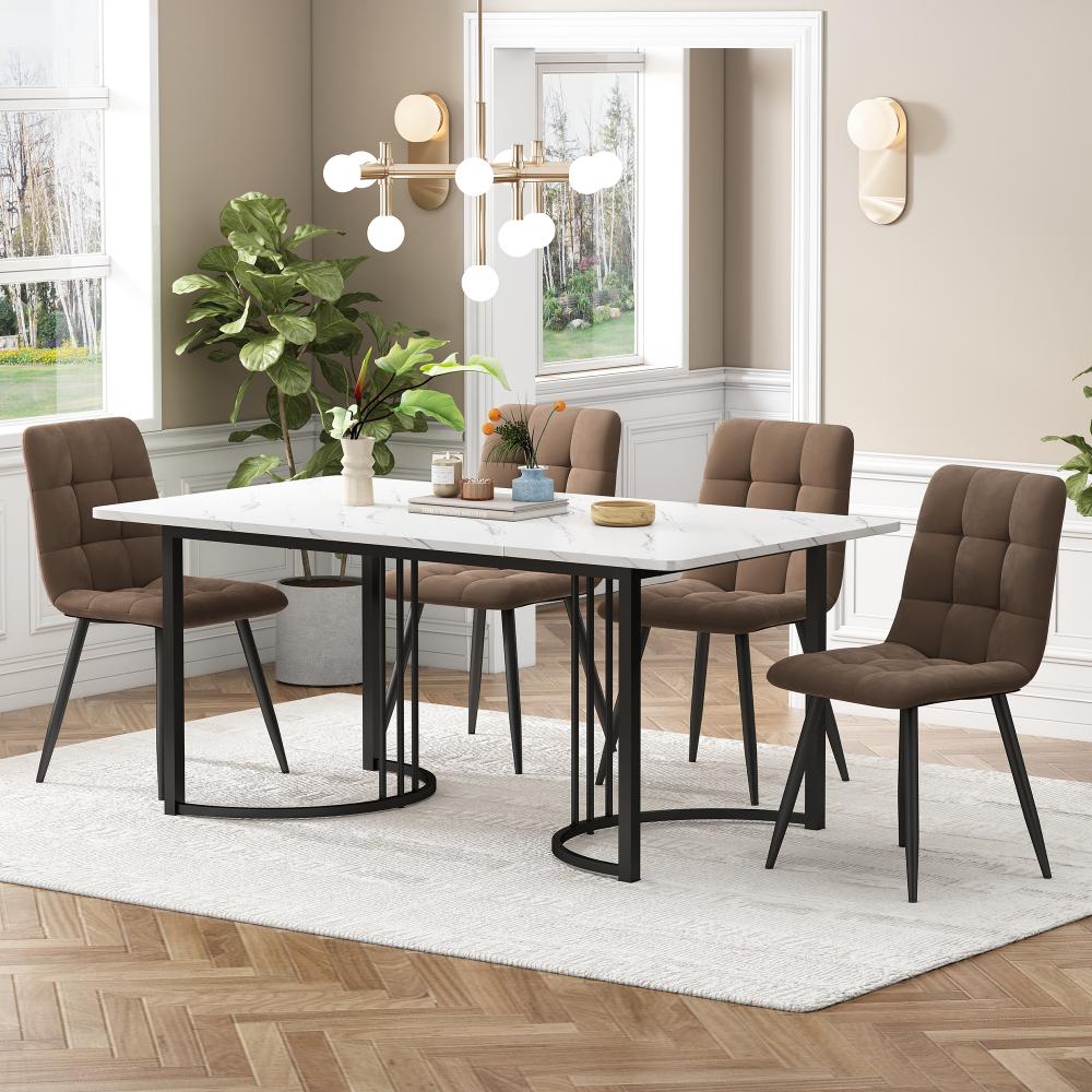 Merax Essgruppe (5-tlg), Esstisch mit 4 Stühlen Set, Moderner Küchentisch Set , 140×80cm Küchentisch mit Schwarz Metallbeinen, MDF Tischplatte in Weißer, Braun Samt Esszimmerstühle Bild 1