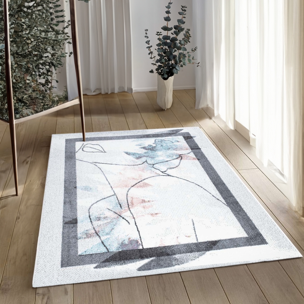 Teppich Wohnzimmer Creme Grau - 120x160cm - Modernes Design - Linien Artiges Frauen Muster Modern Kurzflor Deko Teppiche Weich Wohnzimmerteppich Jugenzimmer Schlafzimmer Bild 1