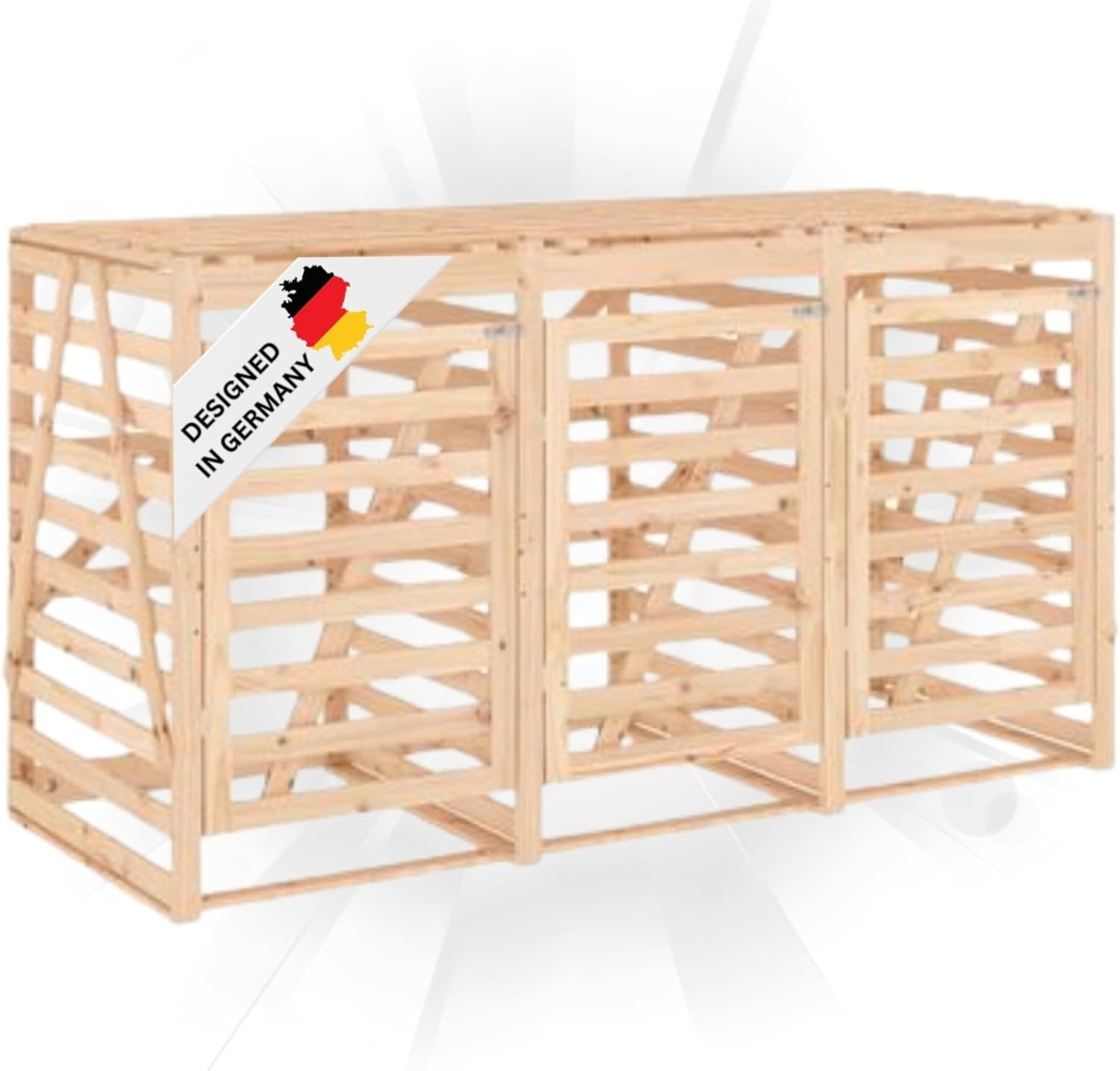 DELUKE® 3er Mülltonnenbox Kiefernholz BOUMI 240x91,5x128,5cm Natur Mülltonnenverkleidung für 3 Tonnen Müllbox aus Holz Mülltonnenschutz Mülltonnendach Bild 1