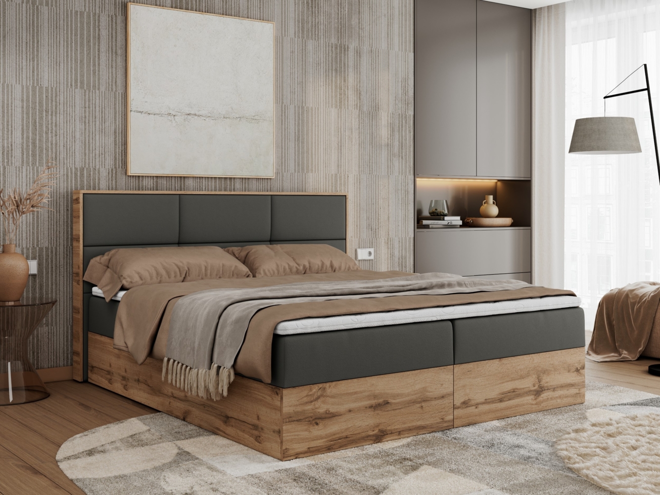 Boxspringbett mit Kopfteil und Topper, Polsterbett - ALBERO 2 - 120 x 200 cm - Dunkelgrau Kunstleder - H3 Bild 1