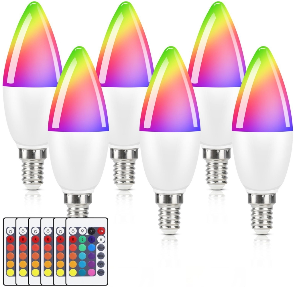 ZMH 6er-Pack E14 RGB-LED-Glühbirnen – 4 W, 3000 K, Farbwechsel-Kerzenlampen, dimmbar mit Fernbedienung, ideal zum Erstellen Bild 1