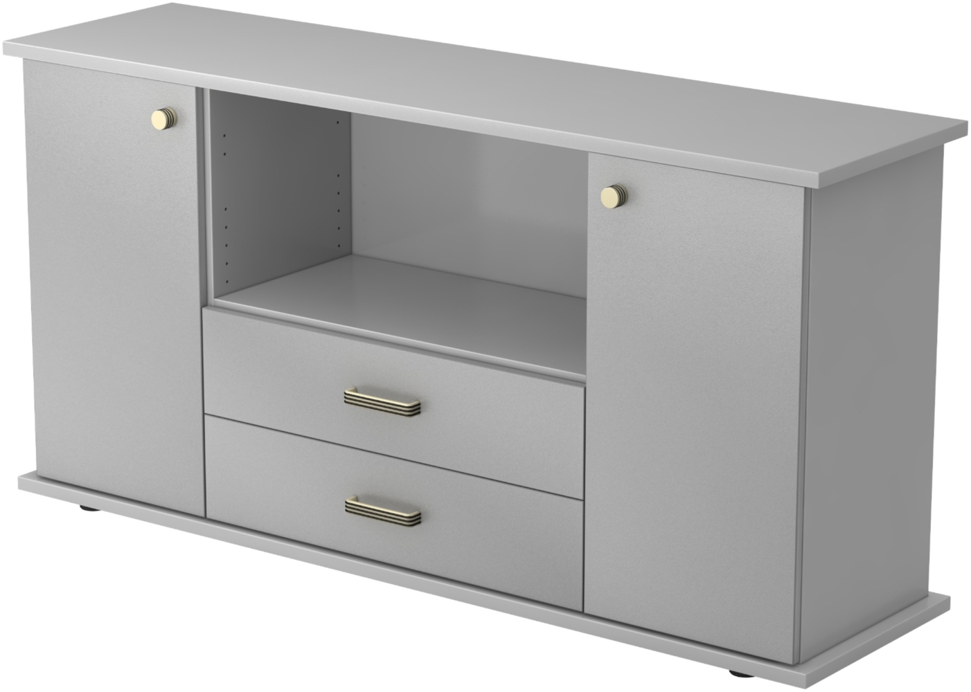 bümö Sideboard Grau/Silber mit Flügeltüren & Regal - Büromöbel Sideboard mit Schubladen Holz 166cm breit, 45cm schmal, Büro Schrank für Flur oder als Wohnzimmer-Kommode mit Streifengriff, SBTS-5-S-SG Bild 1