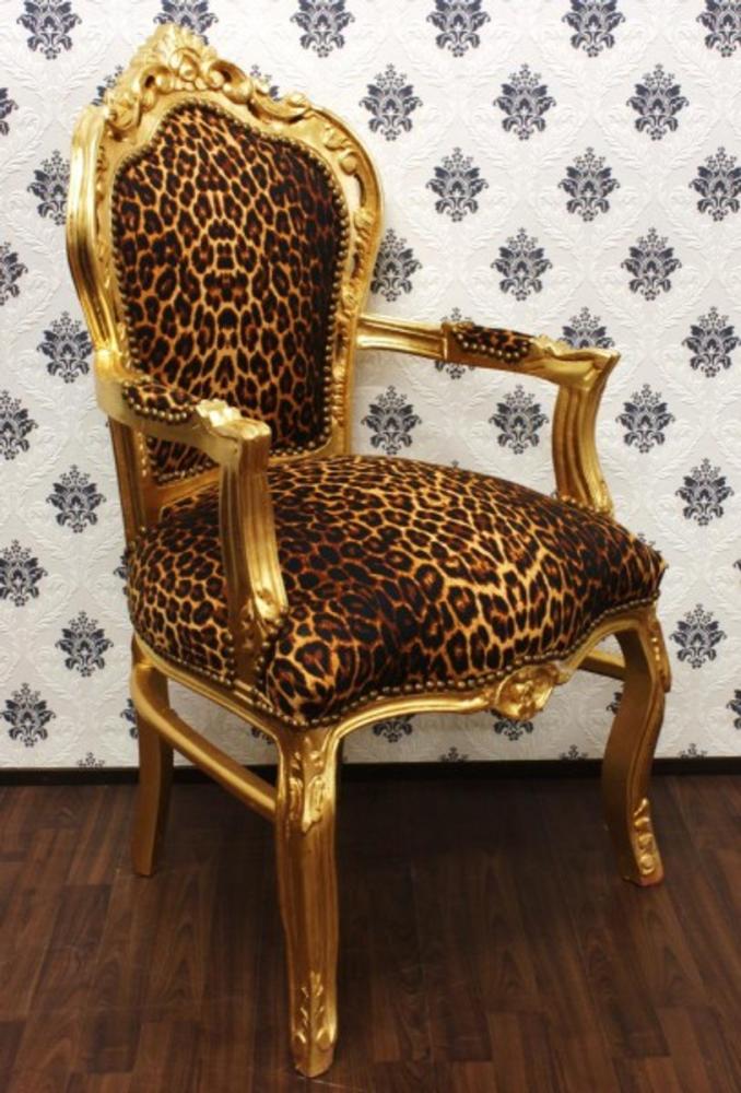 Casa Padrino Esszimmerstuhl Barock Esszimmer Stuhl Leopard / Gold mit Armlehnen Bild 1