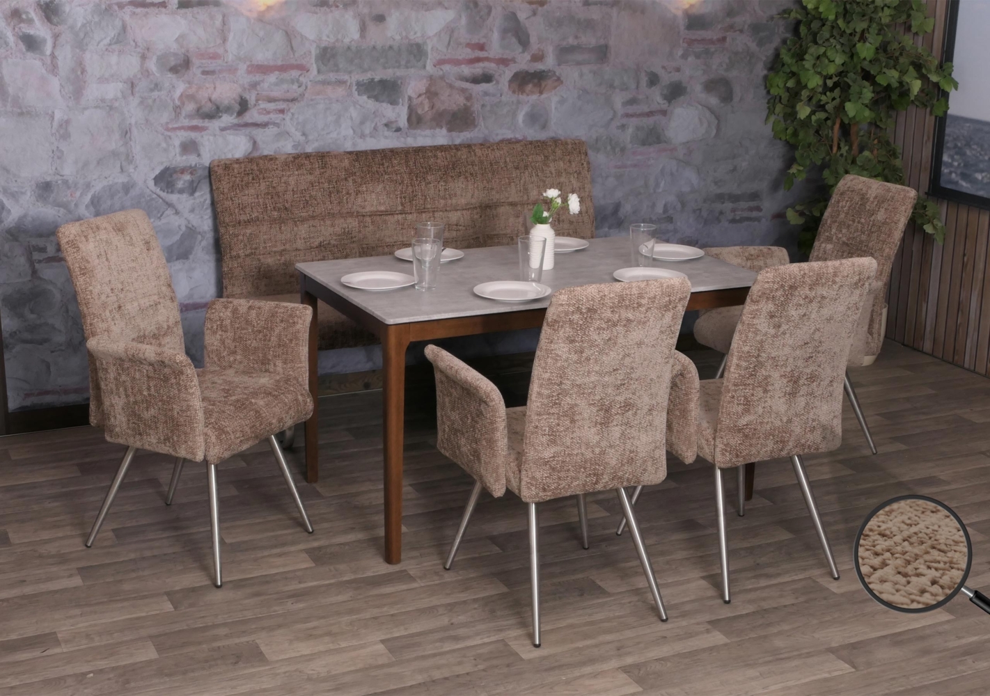 Esszimmer-Set HWC-G55, 4er-Set Stuhl mit Armlehne+Sitzbank 160cm, Edelstahl gebürstet Stoff/Textil Chenille ~ braun Bild 1