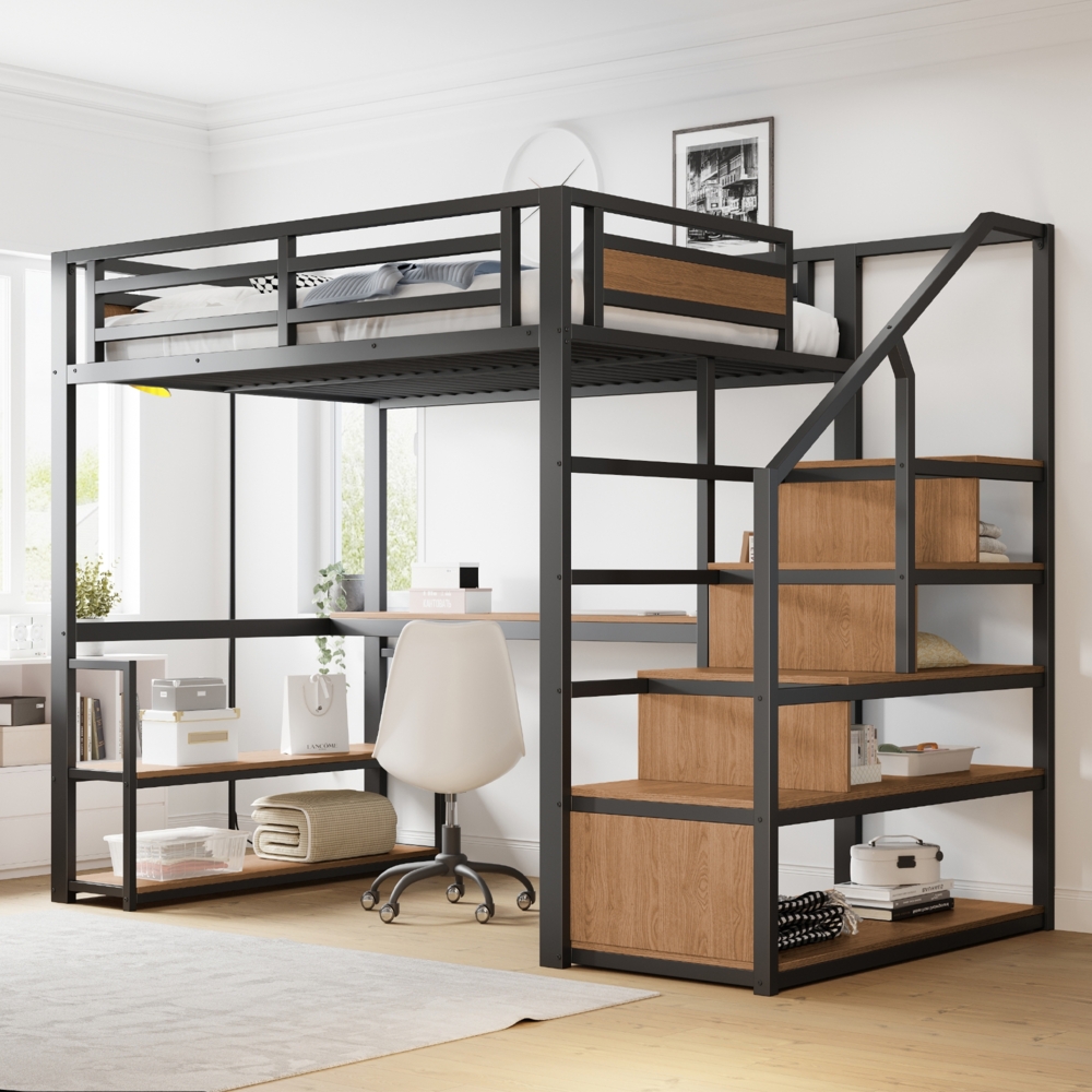 Merax 140*200 Metall-Hochbett mit Aufbewahrungsleiter mit Regalen und Tisch, Sicherheitszaun-Design mit gespleißten Metallplanken, Hohes Eisenrahmenbett mit Metallrahmen, Schwarz Bild 1