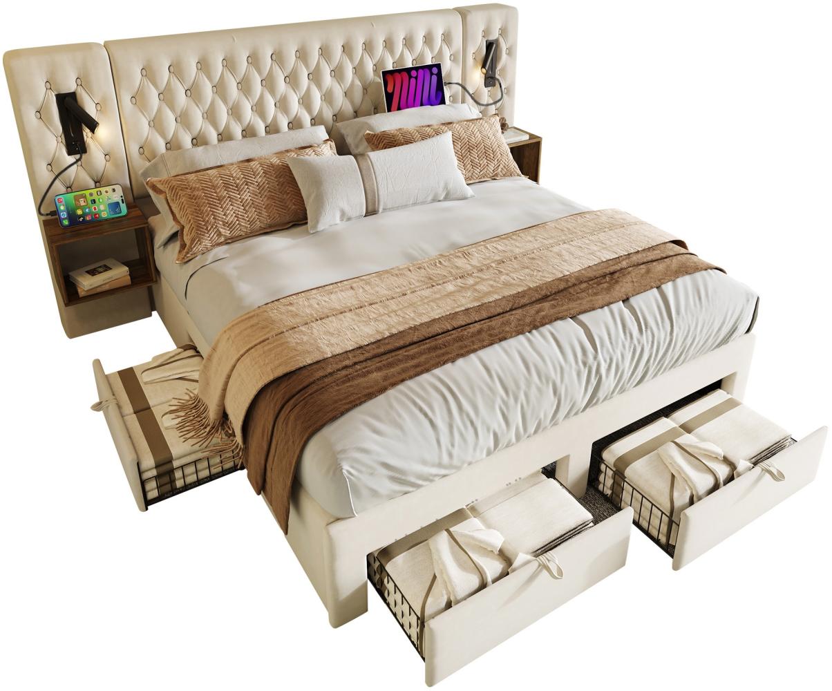 Merax Doppelbett 160×200 cm Schlafzimmer Komplett Set, Polsterbett mit 2 Nachttischen und 4 Schubladen, Kopfteil Leselicht mit USB Ladefunktion, Beige, Samt (Ohne Matratze) Bild 1