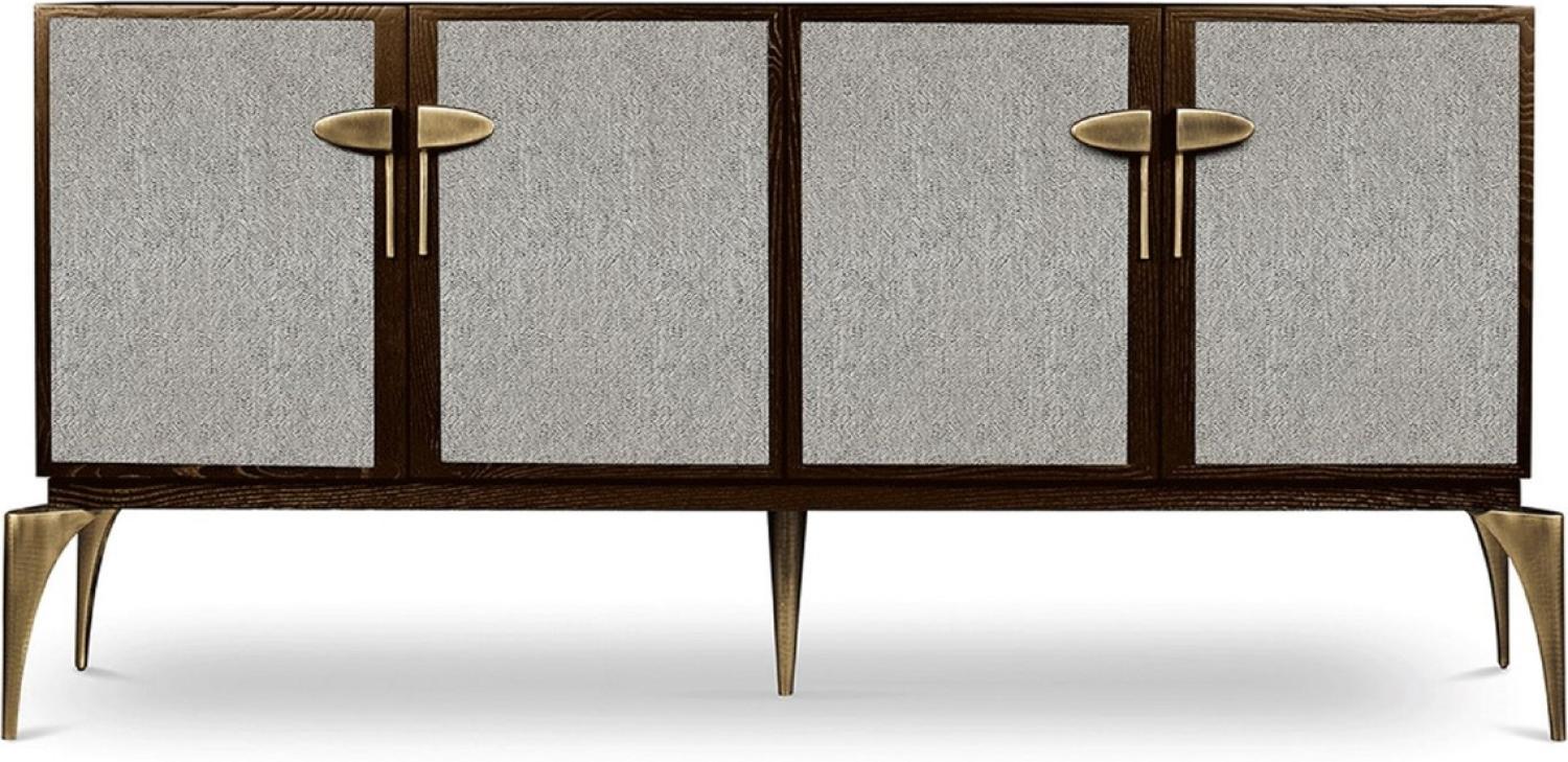 Casa Padrino Designer Sideboard Braun / Grau / Messing 192 x 46 x H. 90 cm - Massivholz Schrank mit 4 Türen - Wohnzimmer Möbel - Hotel Möbel - Luxus Kollektion Bild 1