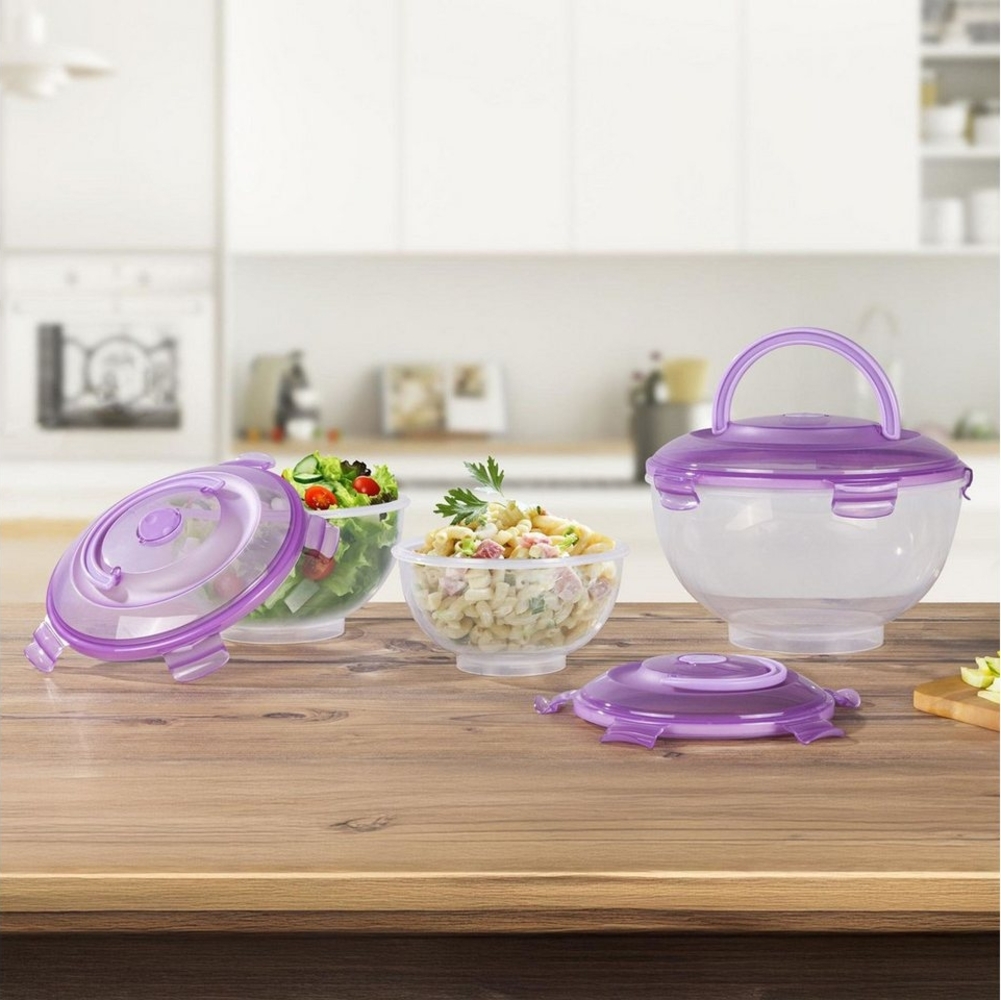 Gravidus Salatbox Salatschüssel Set 3-teilig mit Tragegriff lila Deckel Polypropylen, Polypropylen, Silikon Bild 1