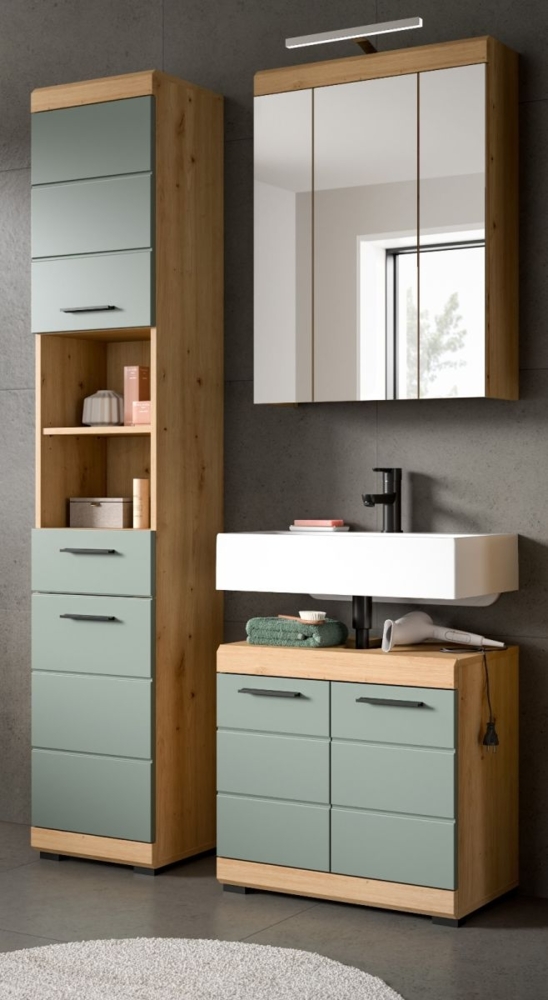 Badmöbel Set in Shawn grün und Eiche 3-teilig 112 cm Bild 1