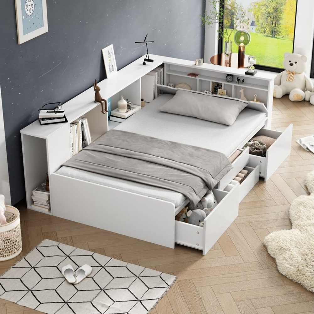 Tongtong Einzelbett Multifunktionales Kinderbett mit Schubladen,Bettkasten mit Stauraum (Belastbarkeit maximal: 300kg), Bücherregal und Stauschrank, 90*200cm, Weiß, ohne Matratze Bild 1