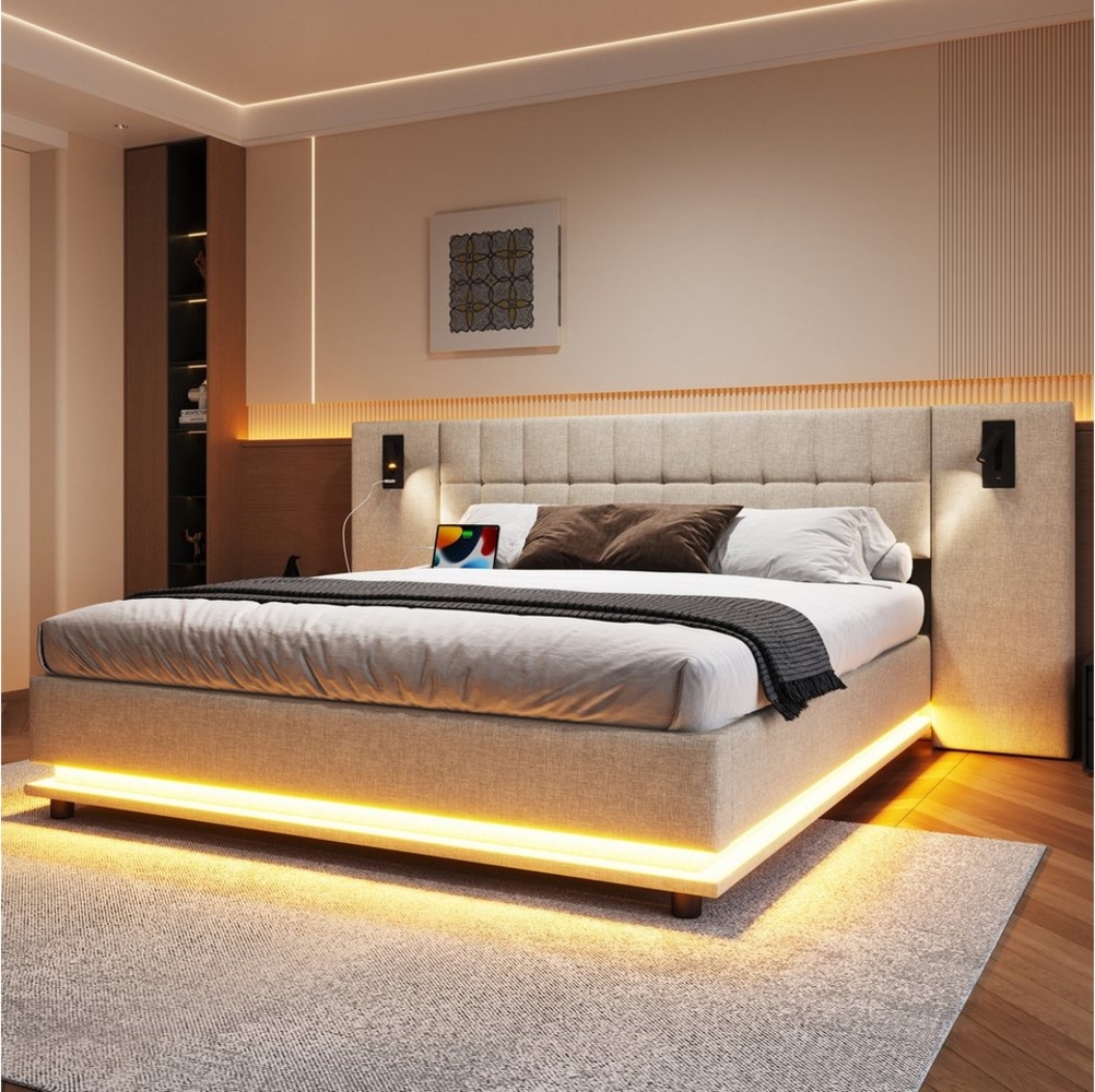 Merax Polsterbett (1-tlg), Doppelbett 180x200cm mit LED-Leiste USB-Anschluss Leselicht, Leinen Bild 1