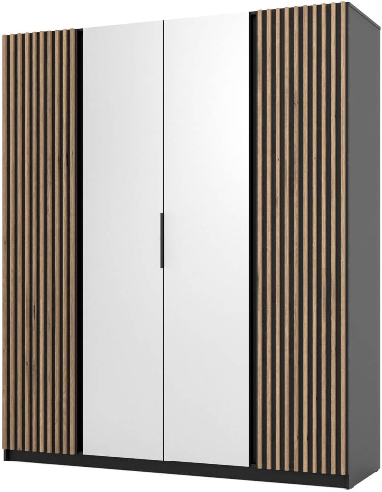 Selsey 'Kaja' Kleiderschrank 4-türig mit seitlichen Lamellen & Spiegel, schwarz, ca. 239 x 200 x 62 cm Bild 1