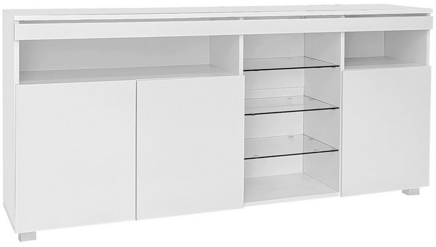 Yorbay Sideboard Weiß Hochglanz Schrank mit Glasböden und verstellbare Lichtleiste, mit 3 große Stauraumtüren, 155x35x72cm(BxTxH) Bild 1