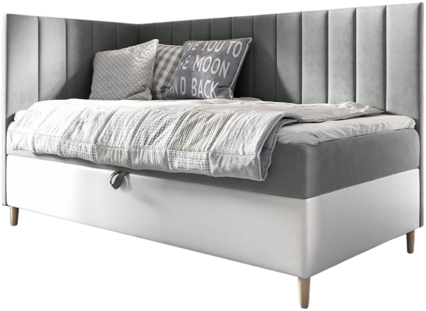 MEBLINI Kinderbett mit Bettkasten MAYA 3 100x200 Links – H3/Grau Samt Gepolstert Einzelbett mit Matratze - Polsterbett mit Stauraum - Bett mit Kopfteil – Stauraumbett Bild 1