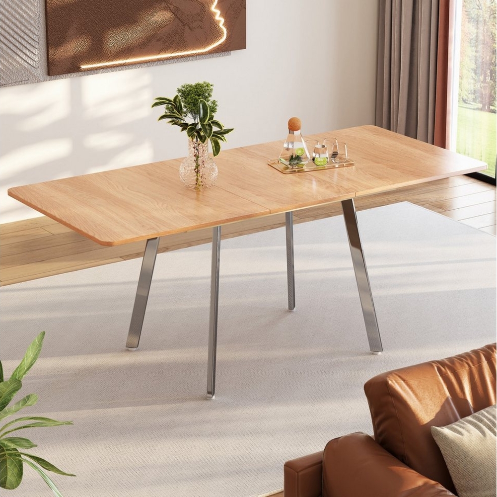 HAUSS SPOLE Esstisch 140-180x80cm ausziehbare Esstisch mit silber verschromt Beine, Natur (Rechteckig Küchentisch, 1-St, 140-180 x 80 cm), moderner minimalistischer Stil, geeignet für 4-6 Personen Bild 1