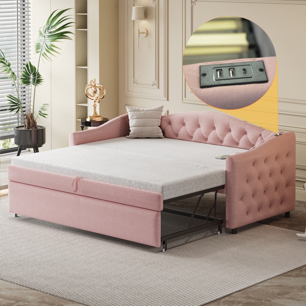 Merax Polsterbett Ausziehbares Schlafsofa, 90*200 cm, Mit USB-Anschluss, Klassische Form mit Knöpfen mit Lattenrost, Multifunktionsbett - Gästebett, Leinenstoff, Rosa Bild 1