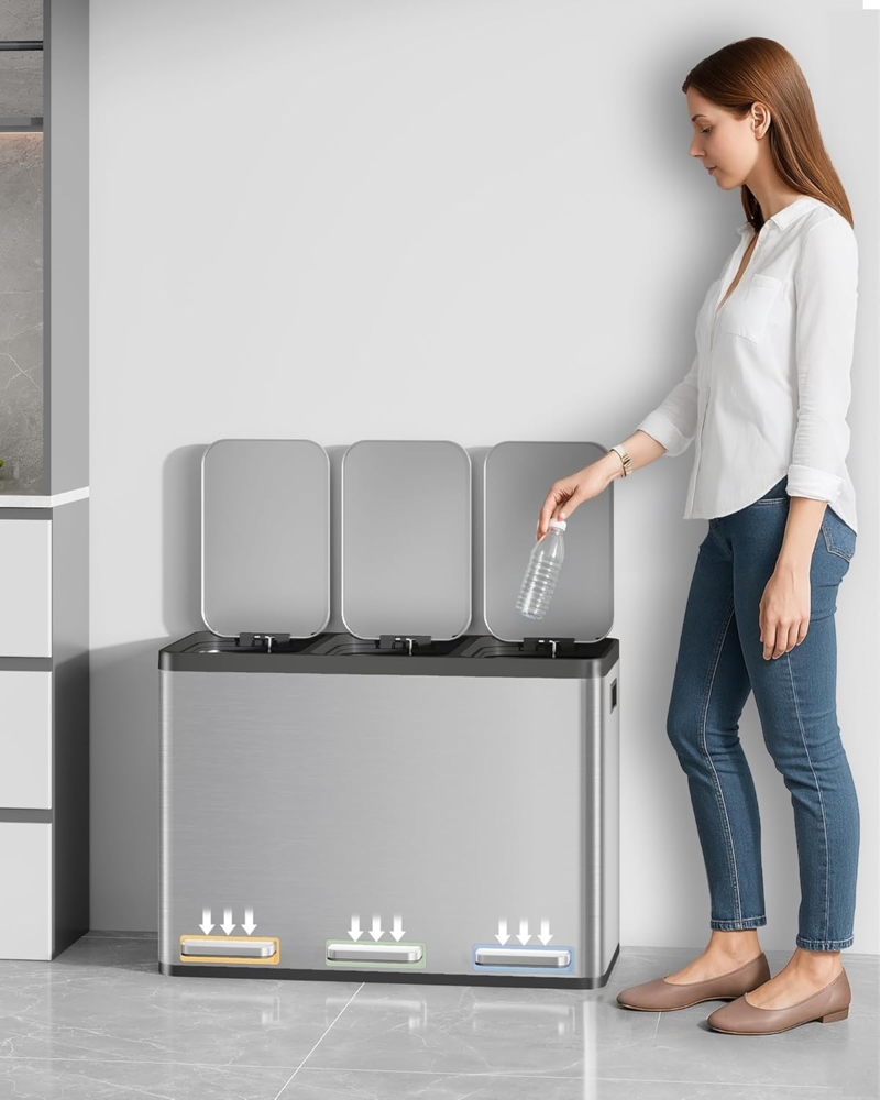 Mülleimer Küche, Mülltrennsystem 3 Fächer 45L (3 x 15 L), Edelstahl-küchenmülleimer, Tretmülleimer mit Farbcodierbaren Pedalen, Abfalleimer Ruhiger Langsamer Abstieg, Silber Bild 1