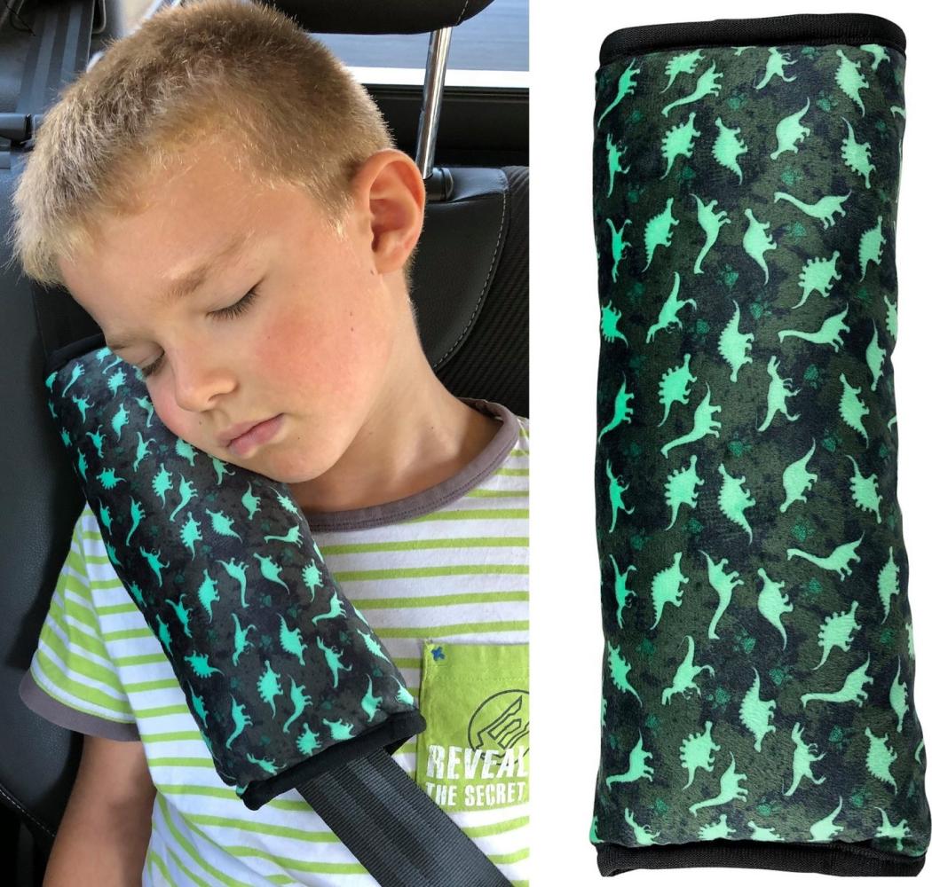 HECKBO Schlafkissen Auto Schlafkissen Dinosaurier Dino für Kinder Mädchen Jungen - maschinenwaschbar – kuschelweich - Auto Gurtkissen, Gurtschoner, Gurtschutz Sitzerhöhung, Auto Kissen, Reisekissen, Urlaub Bild 1