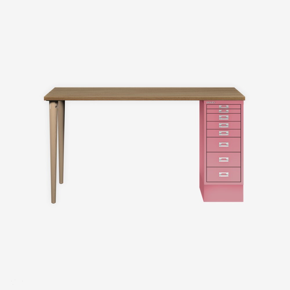 MultiDesk, 2 Eichenfüße, 1 MultiDrawer mit 8 Schüben, Dekor natürliche Eiche, Farbe Pink, Maße: H 740 x B 1400 x T 600 mm Bild 1