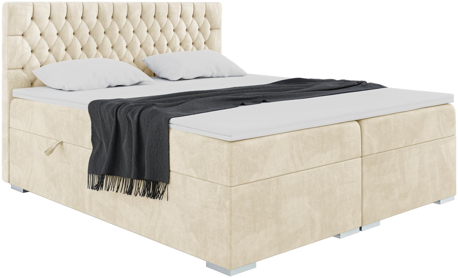 MEBLINI Boxspringbett DALIA 140x200 cm mit Bettkasten - H3/Beige Samt Polsterbett - Doppelbett mit Topper & Taschenfederkern-Matratze Bild 1