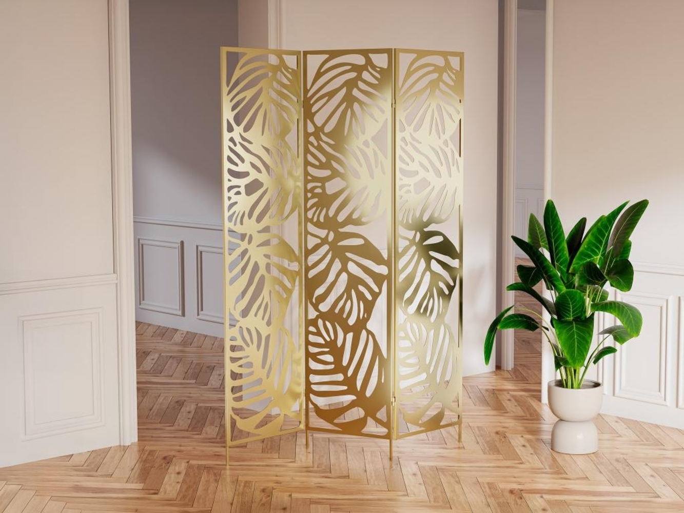 Vente-unique - Paravent 3-teilig durchbrochen - florales Muster - Metall - 123 x 180 cm - Goldfarben - KODILA Bild 1