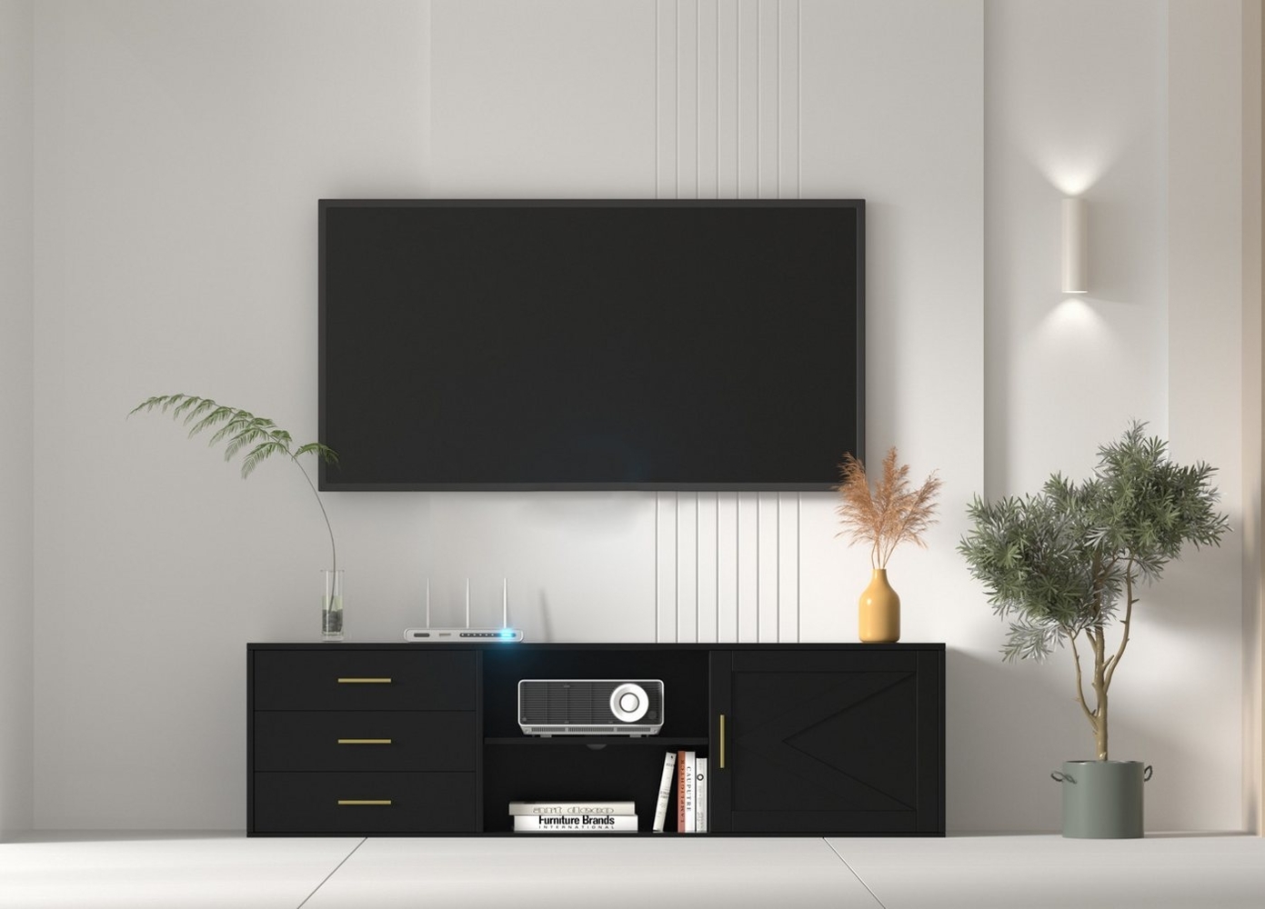 HOMAVO Lowboard TVG1-S mit 3 Schubladen & Schiebetür, 160 cm, FSC® zertifiziert, ohne Füße, Schiebetür mit Dekorleiste Bild 1