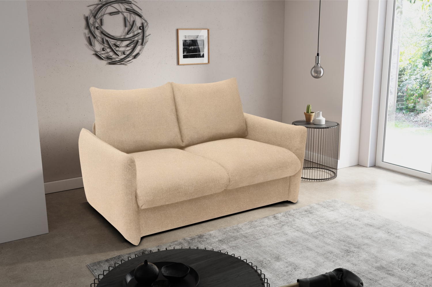 DOMO. collection Sofa 700023, 2 Sitzer, Schlaffunktion, Federkern, Füße mit Filzgleitern, 2er Couch, Schlafsofa, Polstergarnitur, 165 x 100 x 95 (BxTxH), beige Bild 1