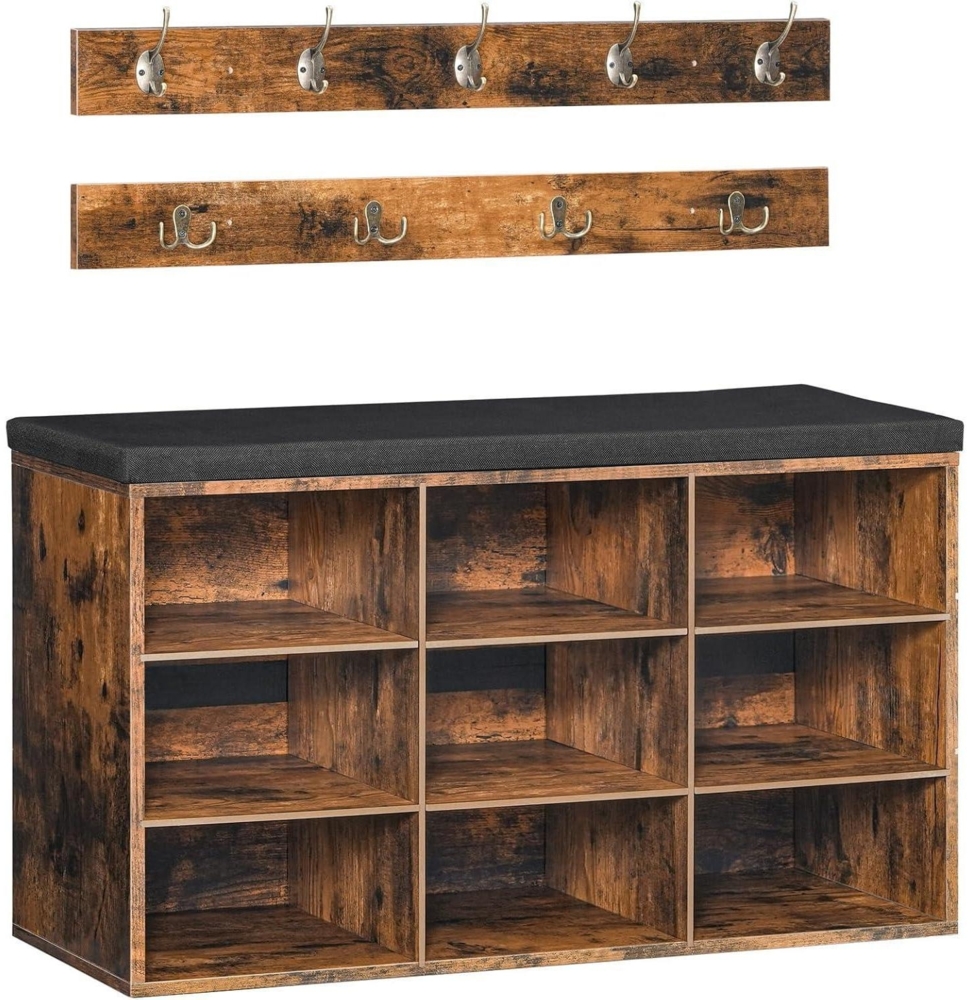 HOOBRO Garderobe Schuhbank 9 Fächer, Wandgarderobe 9 Haken, Vintagebraun Bild 1