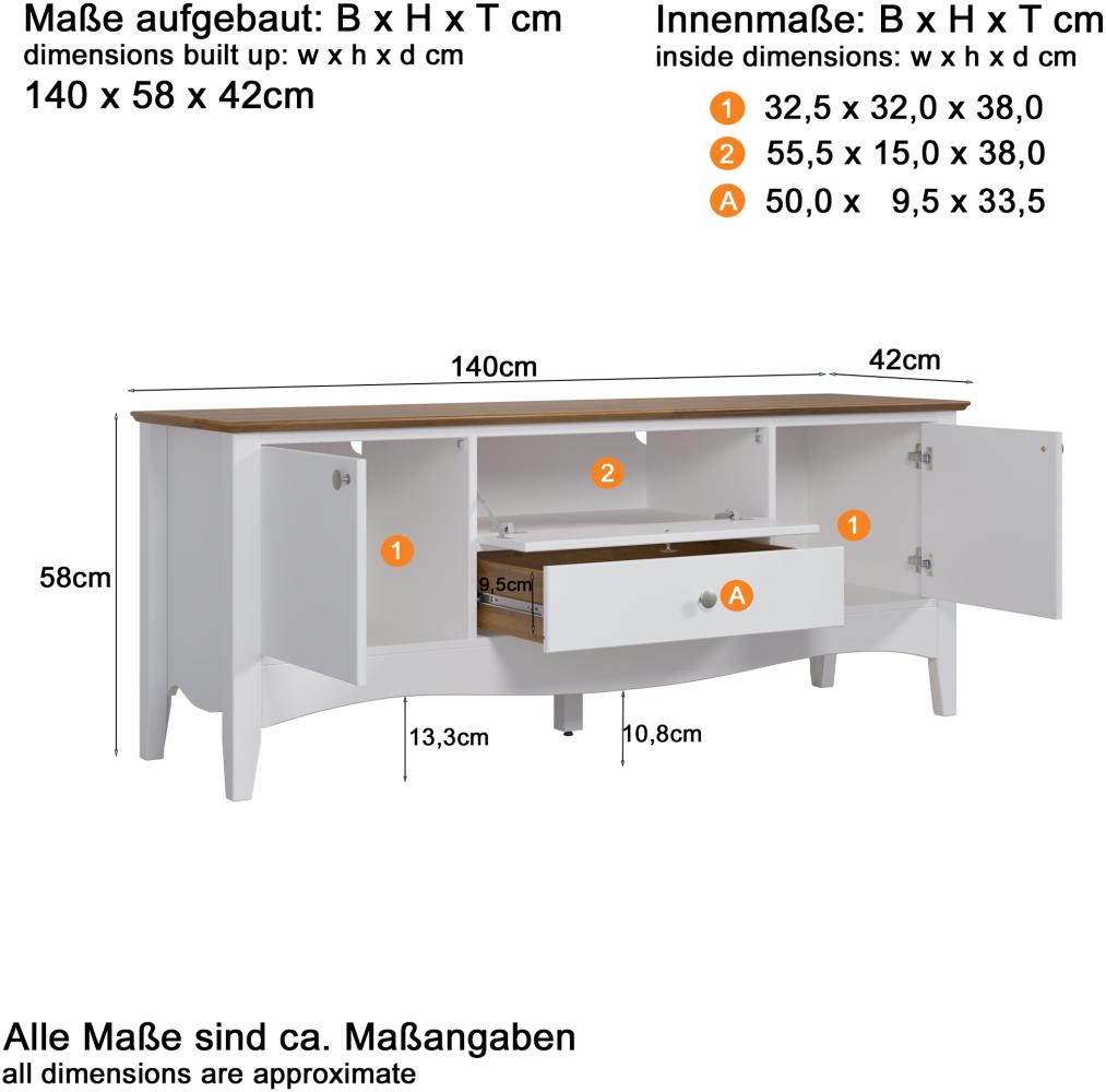 TV-Lowboard Lissabon in weiß Kiefer teilmassiv lackiert Landhaus 140 cm Bild 1