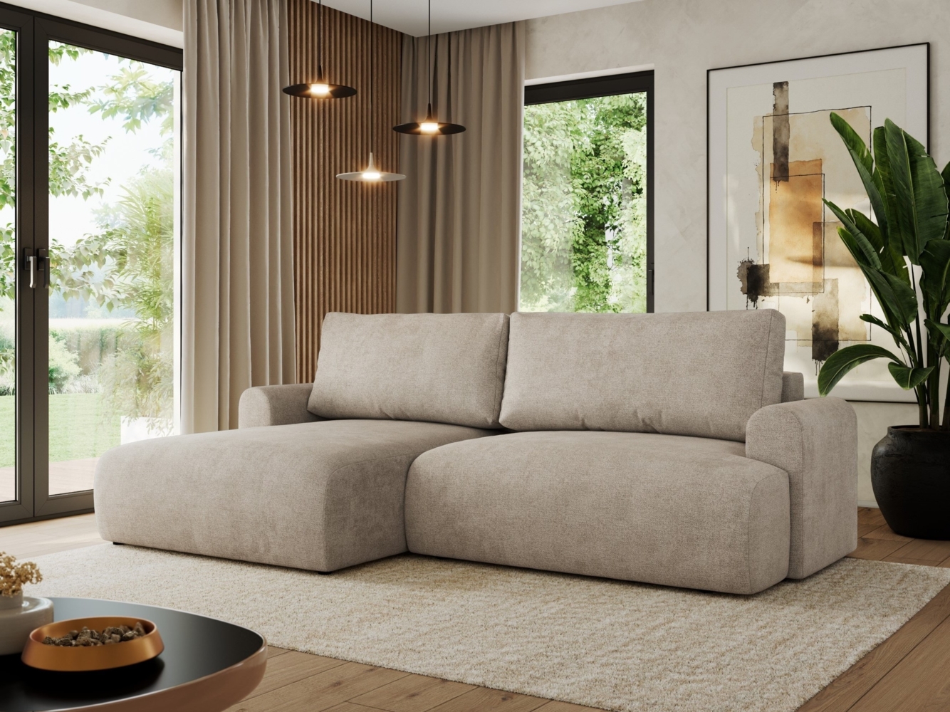 L-förmiges Ecksofa mit losen Kissen und Armlehnen für das Wohnzimmer, Ecksofa mit Schlaffunktion, Bettkästen - TONO - Beige Struktur - linke Seite Bild 1