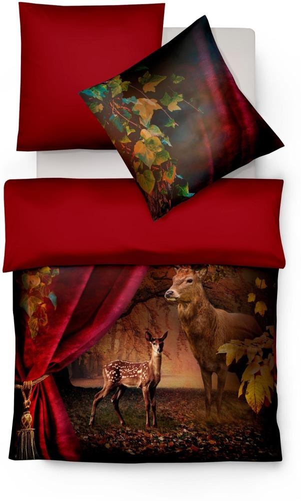 Fleuresse Mako-Satin Bettwäsche 155x220 Hirsch Reh Wald dunkelrot Wende 113759-04 Bild 1