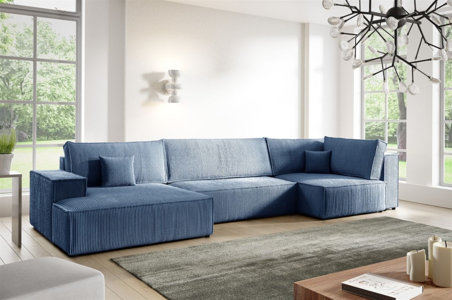 Wohnlandschaft Schlafsofa CORUNIA Stoff Poso Blau Ottomane Links Bild 1