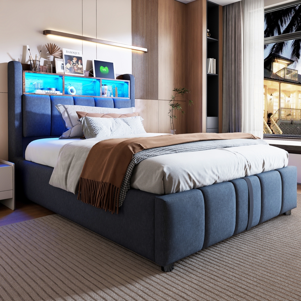 Merax Polsterbett Einzelbett 90*200cm mit LED-Beleuchtung und USB-Anschluss, Kopfteil mit Ablageflächen und Stauraum, mit hydraulischem Stauraum, Kindereinzelbett, Leinen, grau Bild 1