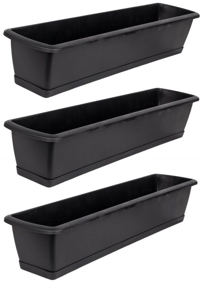 BigDean 3er Set Blumenkasten mit Untersetzer 60 cm lang anthrazit - aus PP-Kunststoff - Balkon Pflanzkasten schmal Balkonkasten Bild 1