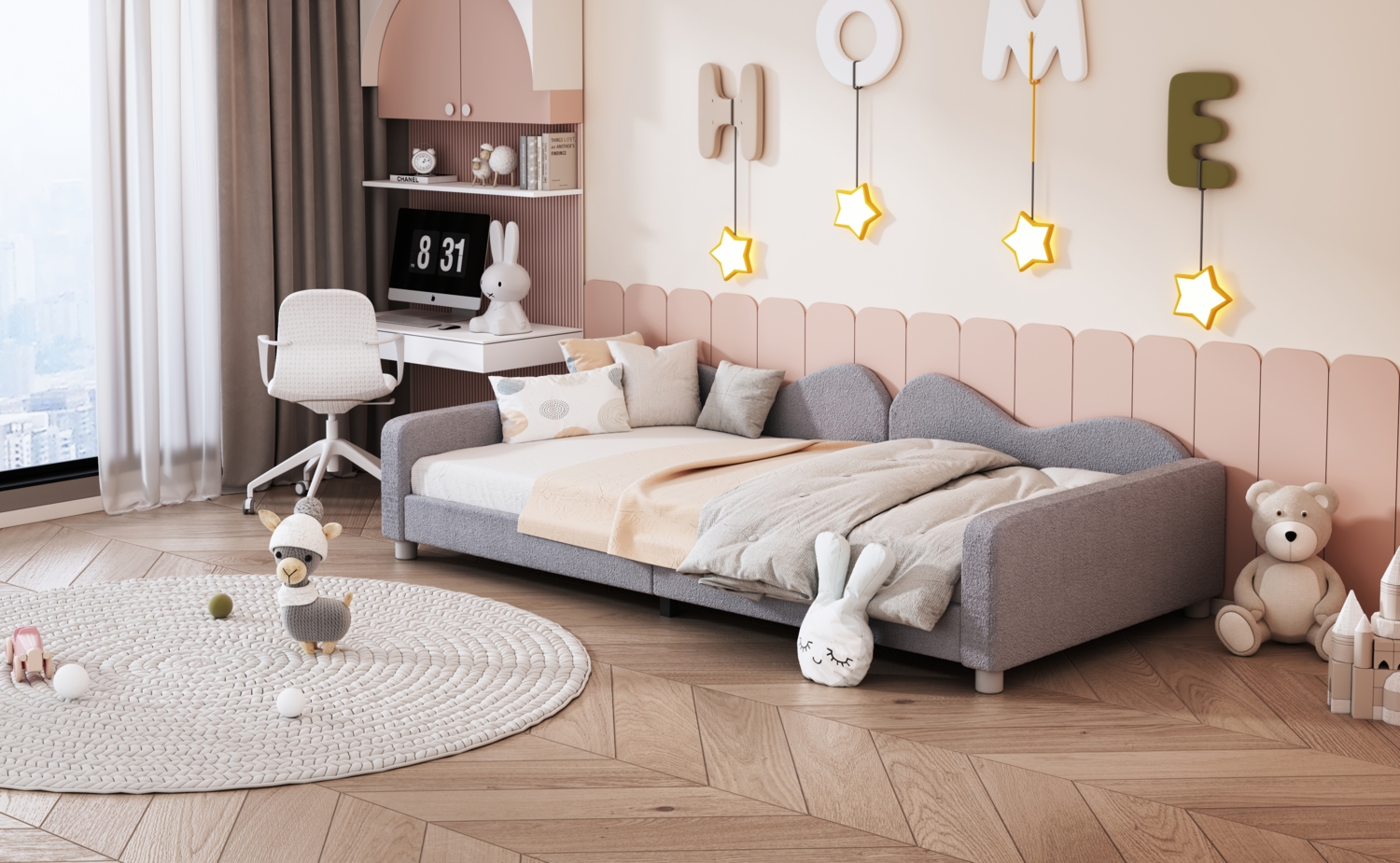 Polsterbett 90x200 cm aus Teddystoff als Schlafsofa mit Rückenlehne – modernes Kinder- und Jugendbett Bild 1