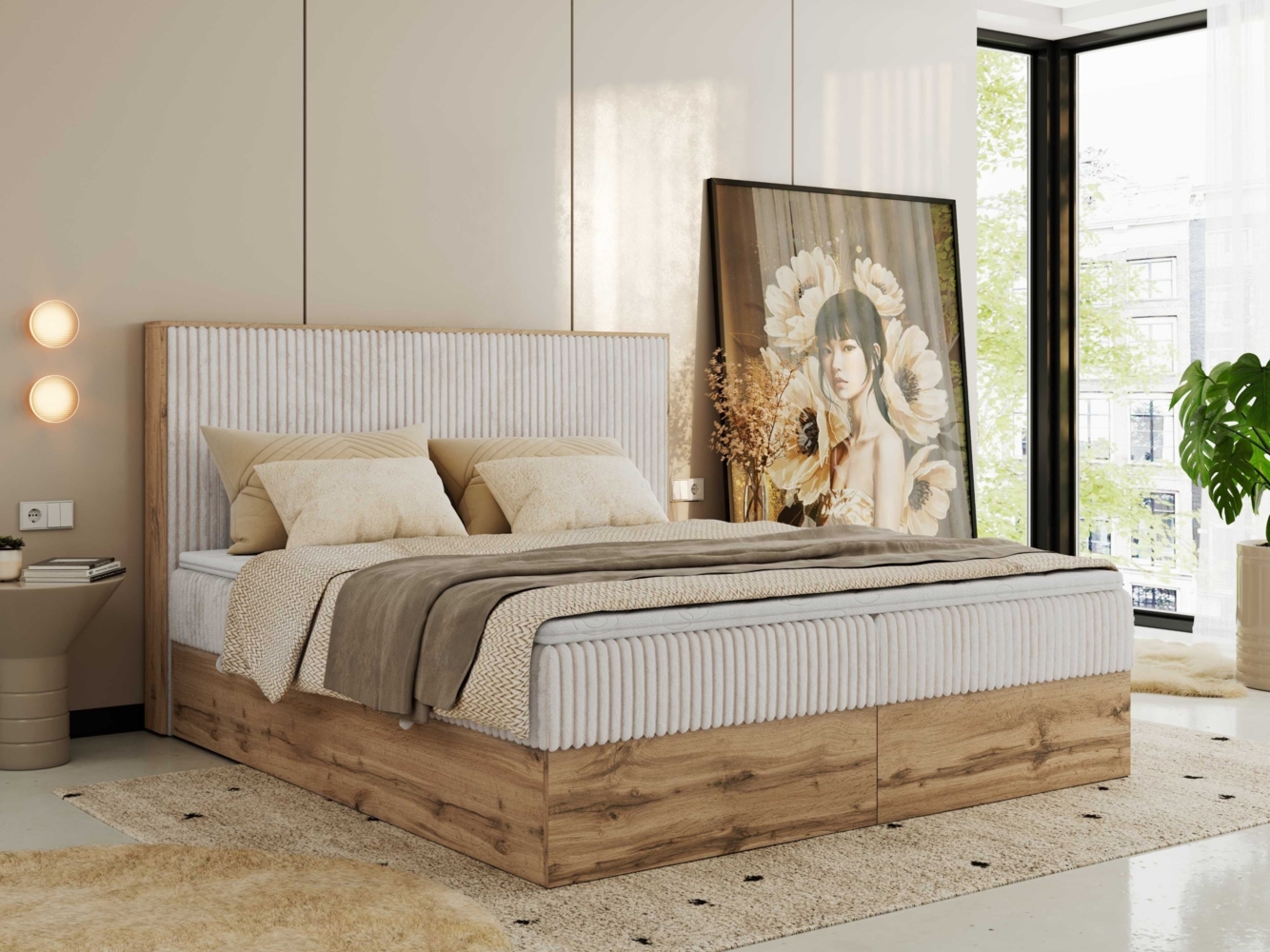 Doppelbett, Boxspringbett mit Bettkästen, Multipocket-Matratze und Topper, Set mit Kopfteil, Eiche Wotan Holzrahmen - WOOD CLASSIC - 160x200 cm - Beige Cord - H3 Bild 1