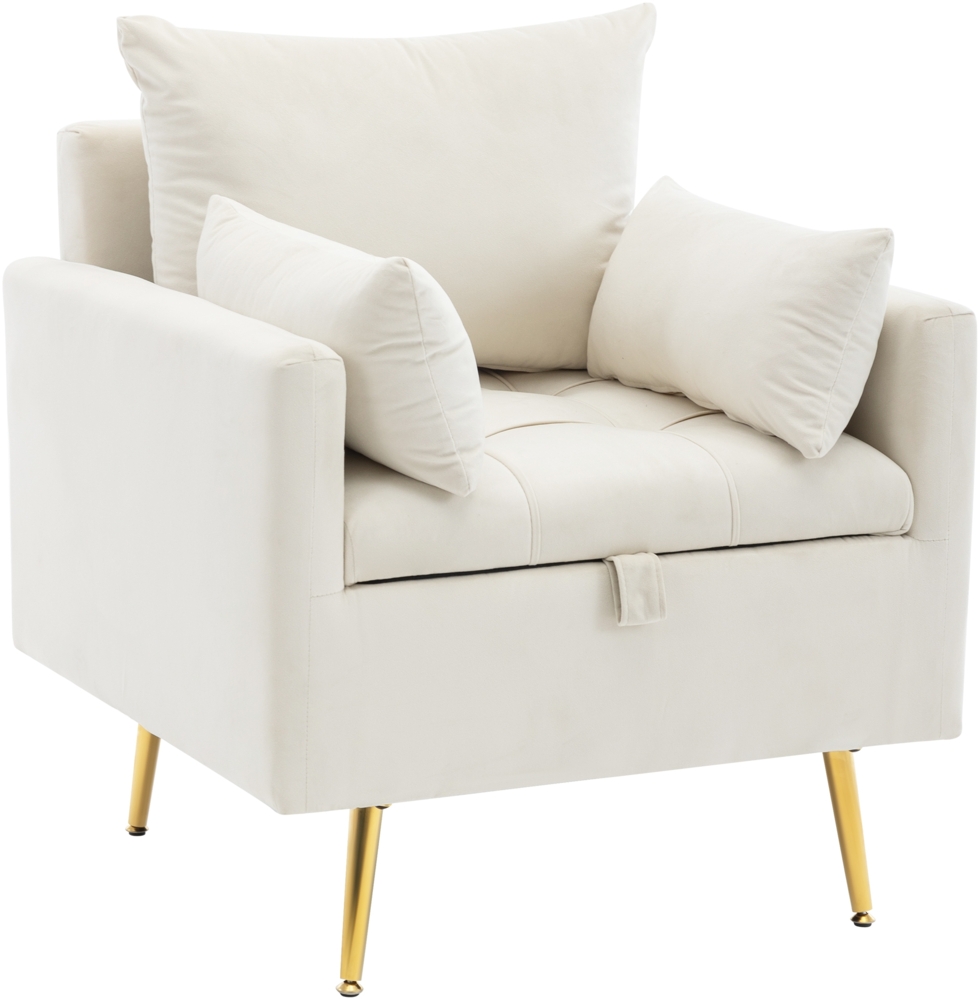 Merax Sessel mit Stauraum und goldenen Metallbeine, Einzelsessel mit Samtbezug, Armlehnensessel, Polstersessel, Akzentstul, Beige Bild 1