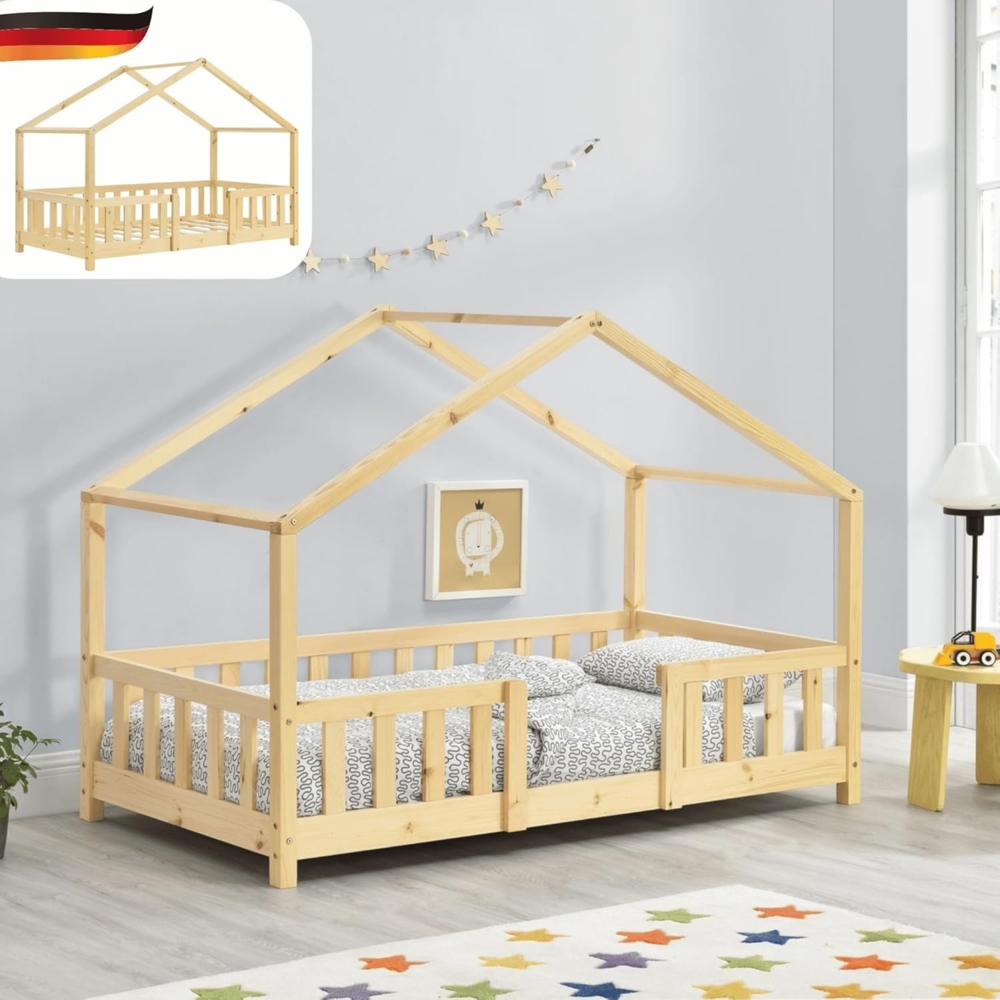 DELUKE® Kinderbett 70x140 cm MILA - mit Lattenrost Rausfallschutz Hausbett Kinder Haus Bett Kinderzimmer Bodenbett Einzelbett Kinder Bett Klein Kinderbett Montessori Bett Braun Bild 1