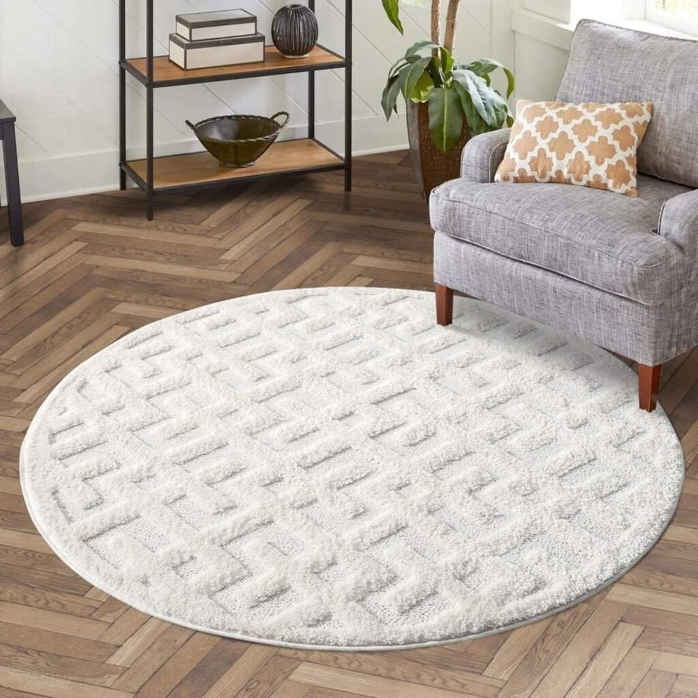 carpet city Teppich Hochflor Wohnzimmer - 160 cm Rund - Einfarbig Weiß/Creme - Geometrisches Hochtief-Muster/ 3D-Effekt - Shaggy Teppiche Schlafzimmer Boho, Scandi Bild 1