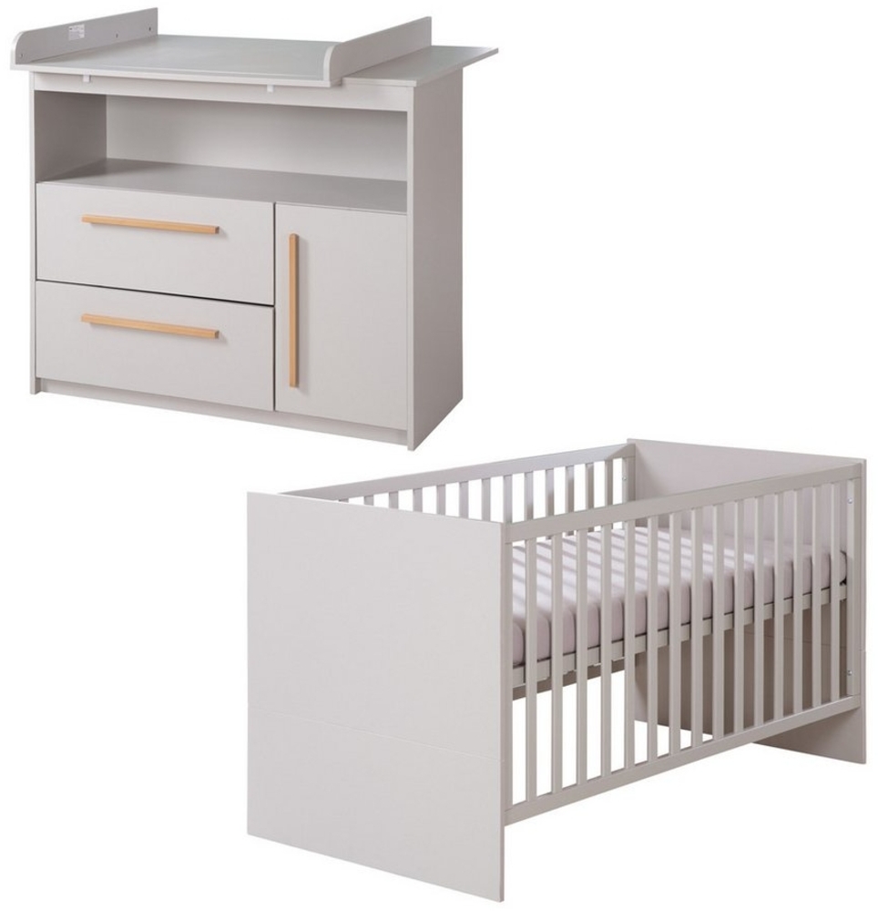 roba® Babymöbel-Set Lea - modernes schlichtes Babyzimmer Set aus Holz, (2-teiliges Set, Wickelkommode & Babybett 70 x 140 cm höhenverstellbar, Schlupfsprossen), Modernes Kinderzimmer mit Griffen aus Massivholz- Beige / Grau Bild 1