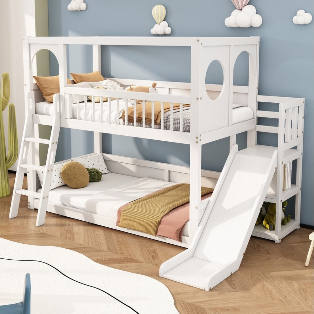 Flieks Etagenbett, Massivholz Kinderbett Hausbett mit Rutsche und Leiter 90x200cm Bild 1