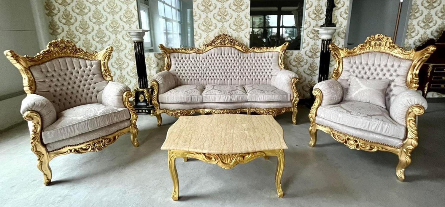 Casa Padrino Barock Wohnzimmer Set Grau Muster / Gold - 1 Barock Sofa & 2 Barock Sessel - Wohnzimmer Möbel im Barockstil - Barock Möbel - Barock Wohnzimmer Einrichtung Bild 1